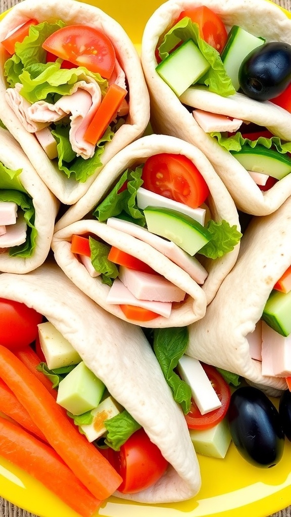 Fun Pita Bread Sandwich Ideas for Kids Pita bread sandwiches filled with turkey, cheese, and fresh vegetables on a colorful plate.